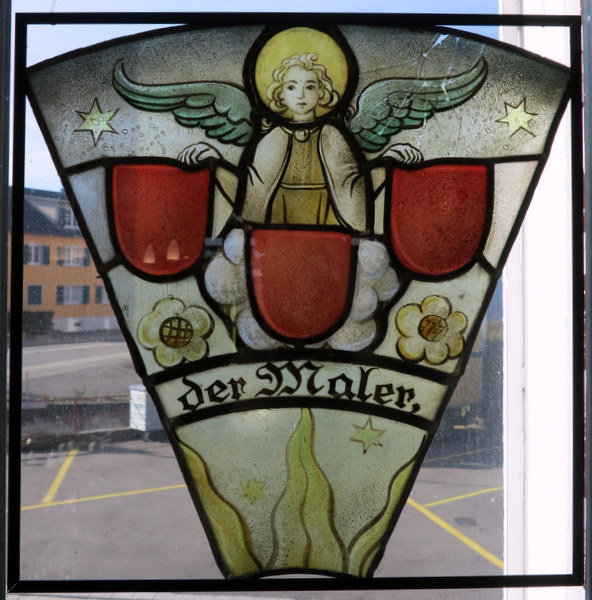 Bleiverglasung antik  mit Glasmalerei, Fensterbild. Zunft - Wappen ( der Maler ) verkleinern