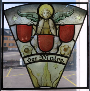 Bleiverglasung antik  mit Glasmalerei, Fensterbild. Zunft - Wappen ( der Maler ) vergrssern