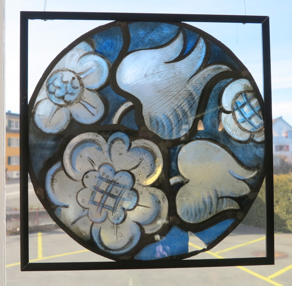 Bleiverglasung antik mit Glasmalerei, Fensterbild. ( Rosette ) verkleinern