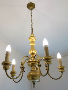 Hngelampe - Leuchter, 5 - armig, Holz - Eisen goldig vergrssern